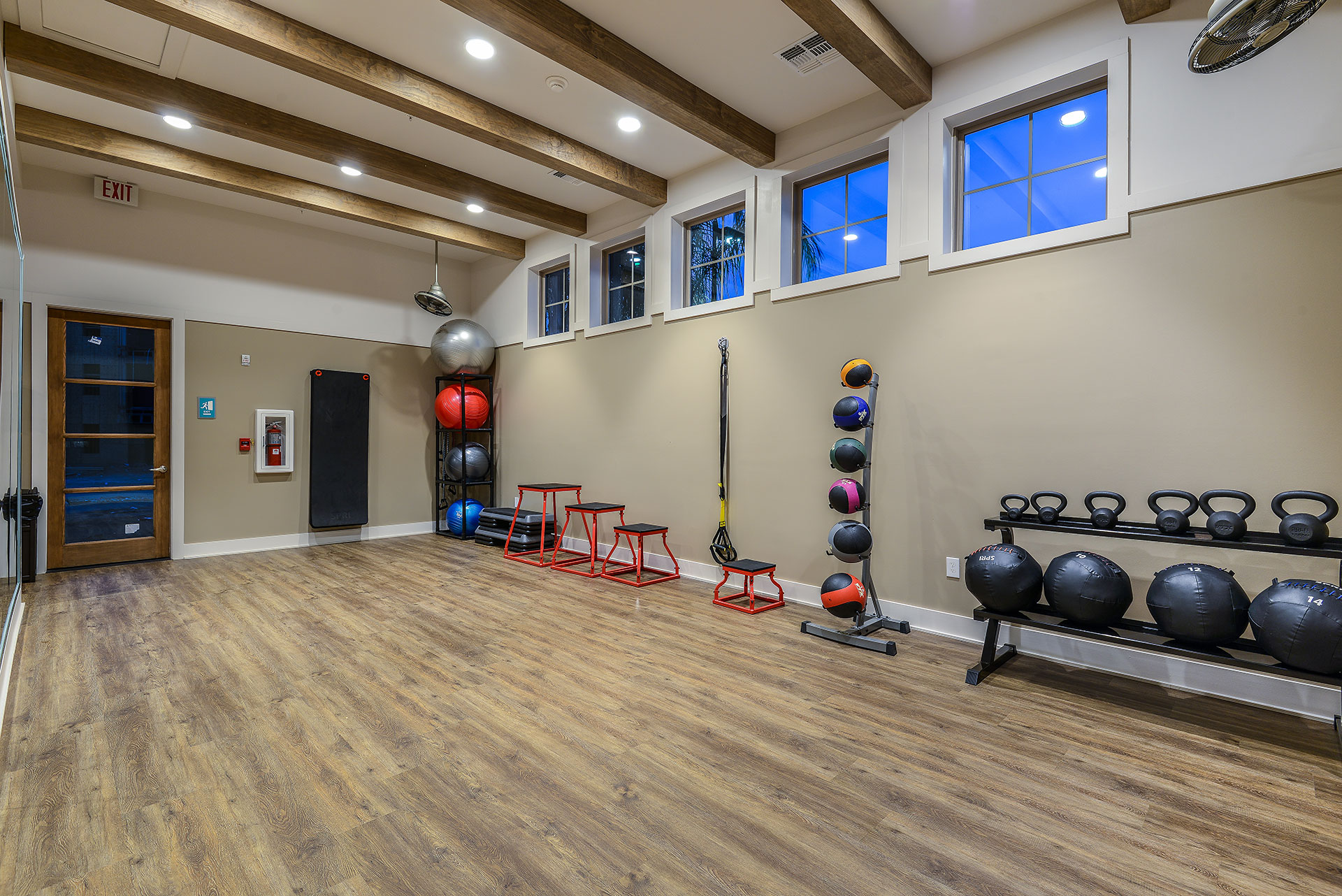 Workout room with exercise balls and wood floors