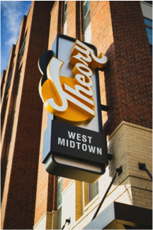 Front entrance sign Theory West Midtown Multifamily Student Housing by Summit Contracting Group