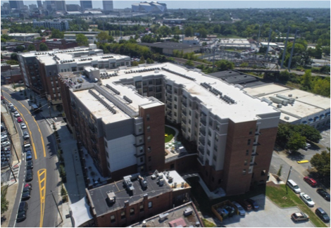 Aerial view of Theory West Midtown Multifamily Student Housing by Summit Contracting Group