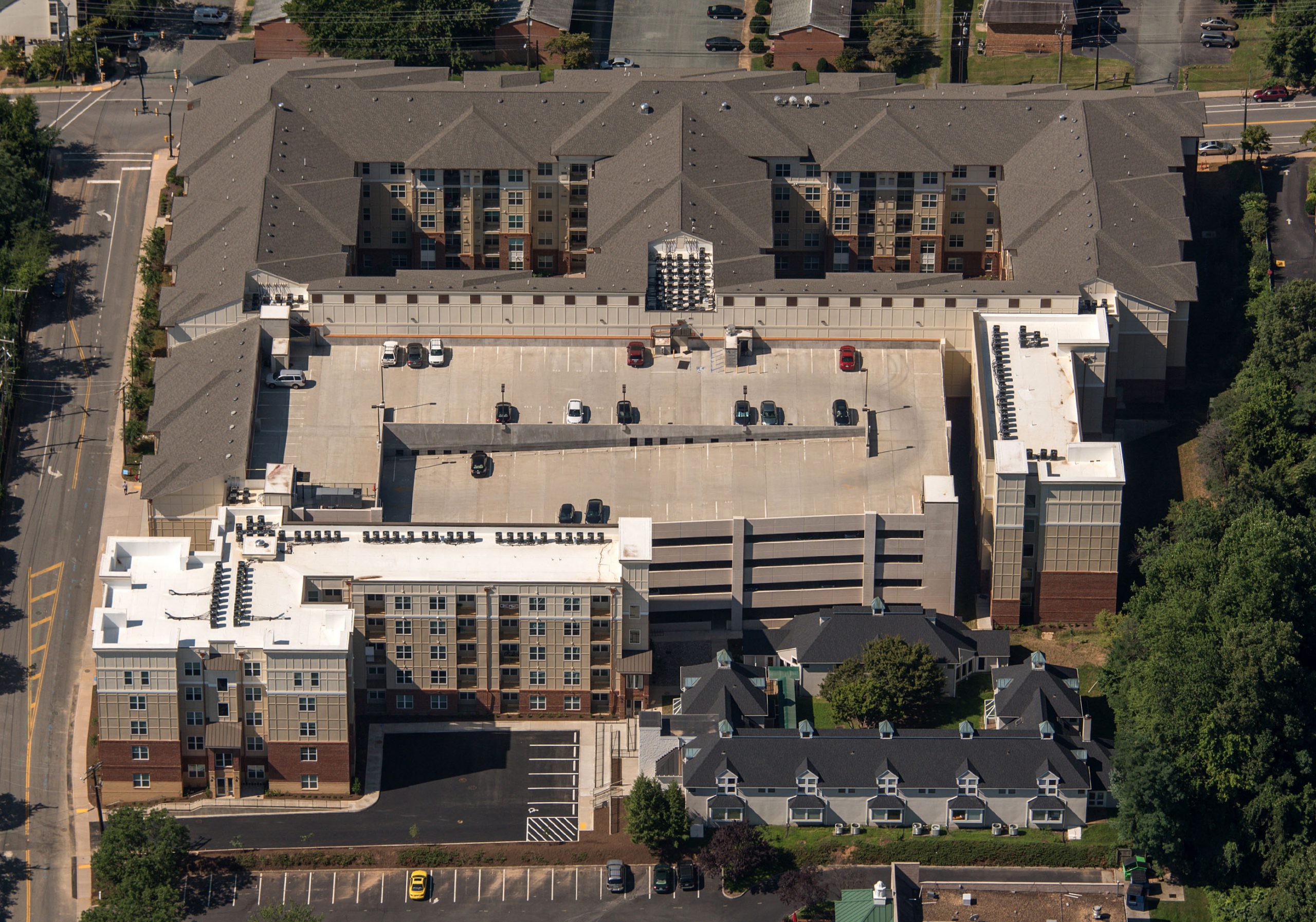Aerial shot of brown student housing facility