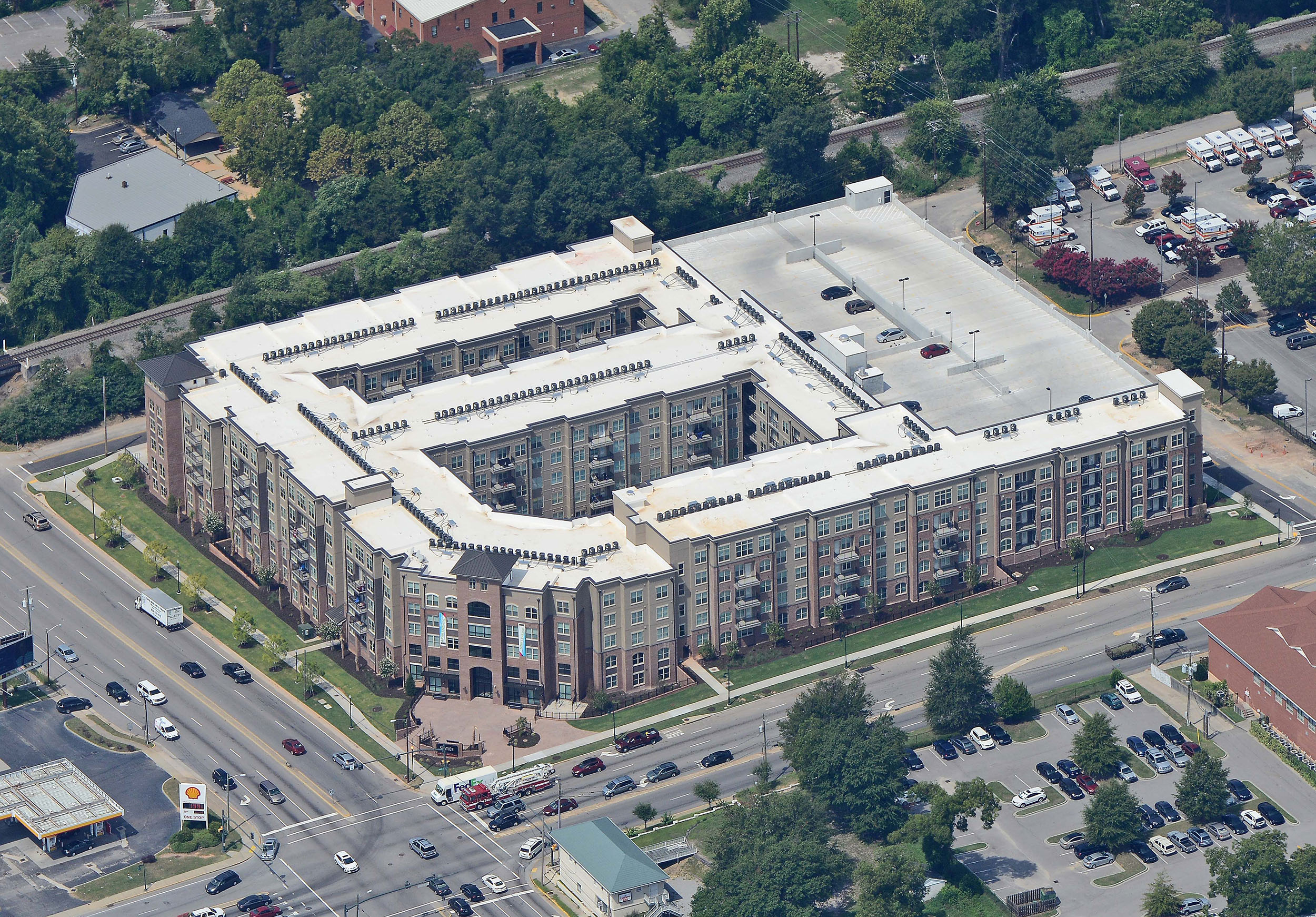 aerial shot of brick Multi level student housing