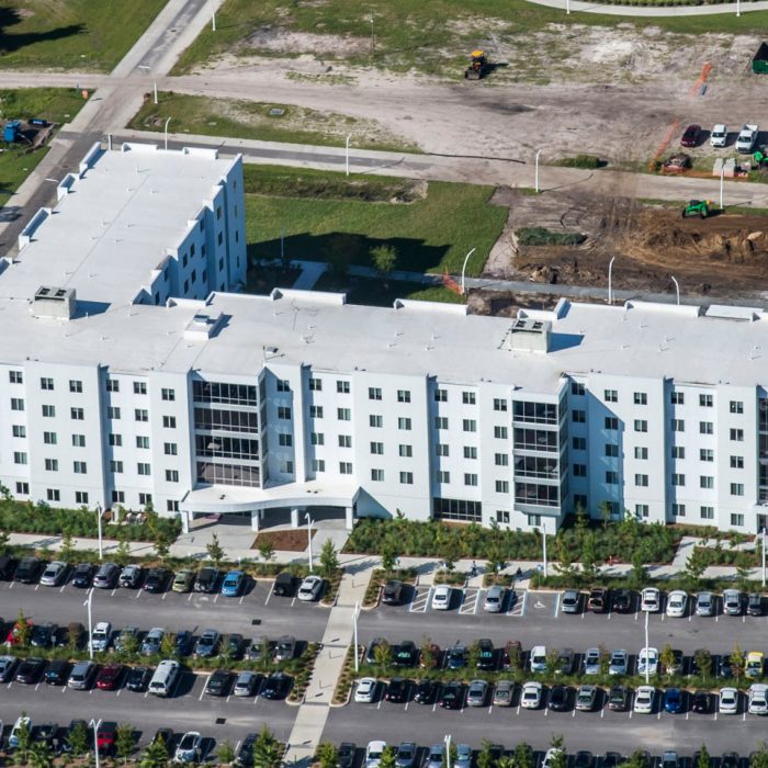 Aerial shot of multi story student housing development