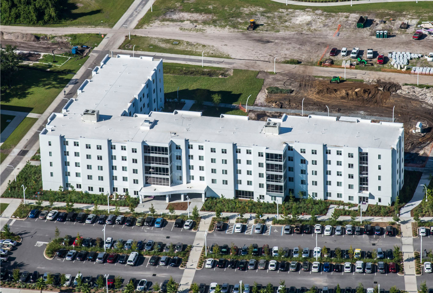 Aerial shot of multi story student housing development