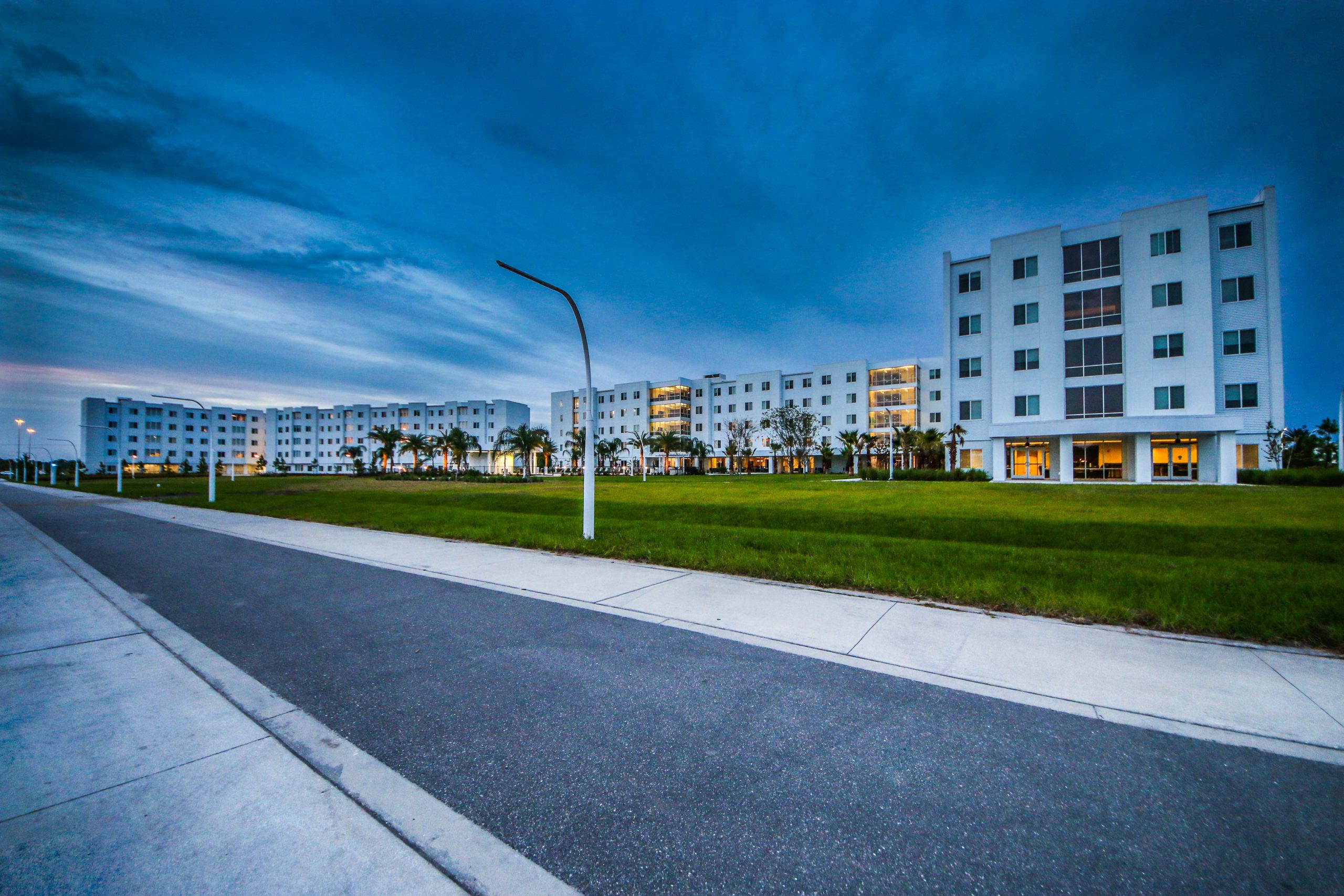 Multi story student housing development in evening