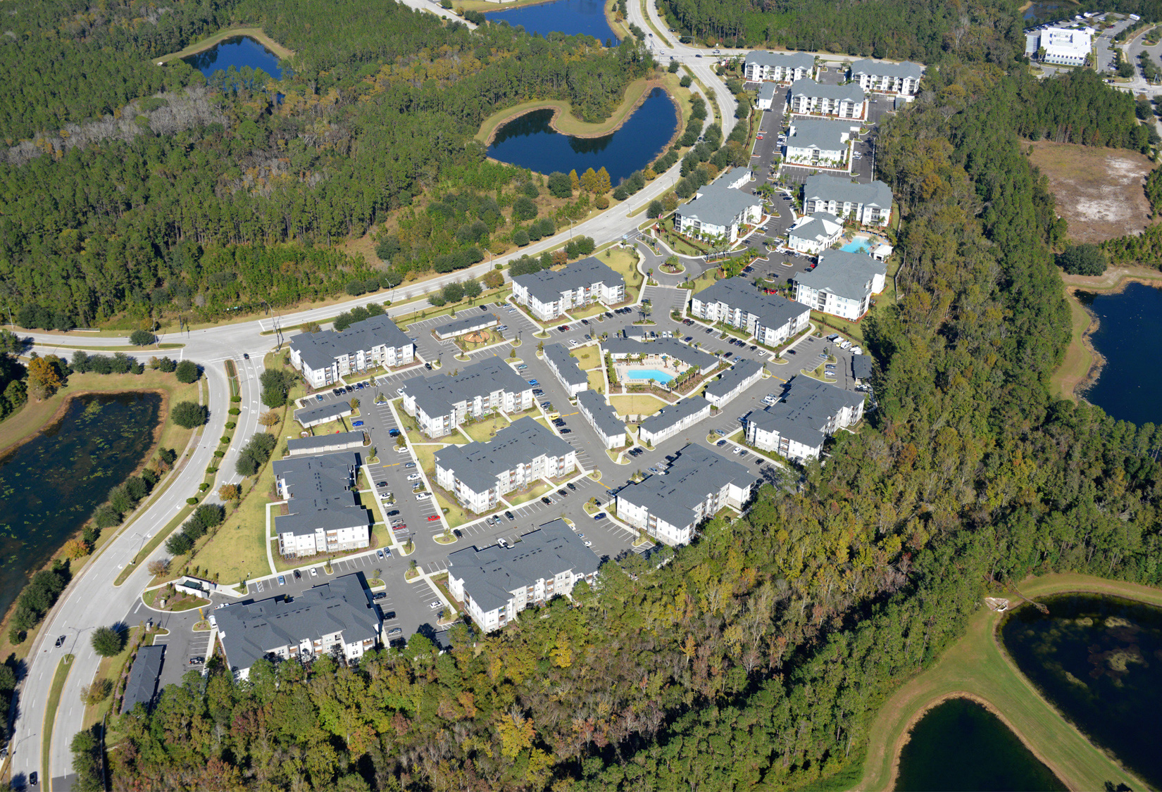 Multi building apartment facility aerial shot