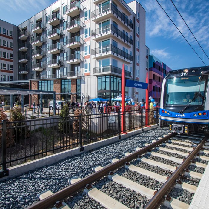 Luxury apartment complex next to light rail system