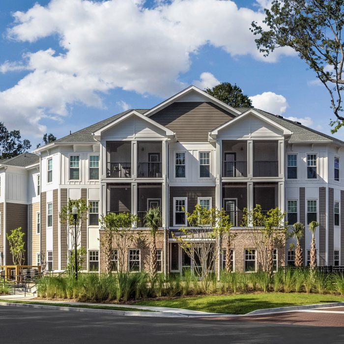Multi building apartment complex front facing view