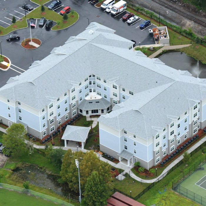 Multi level senior living facility aerial view