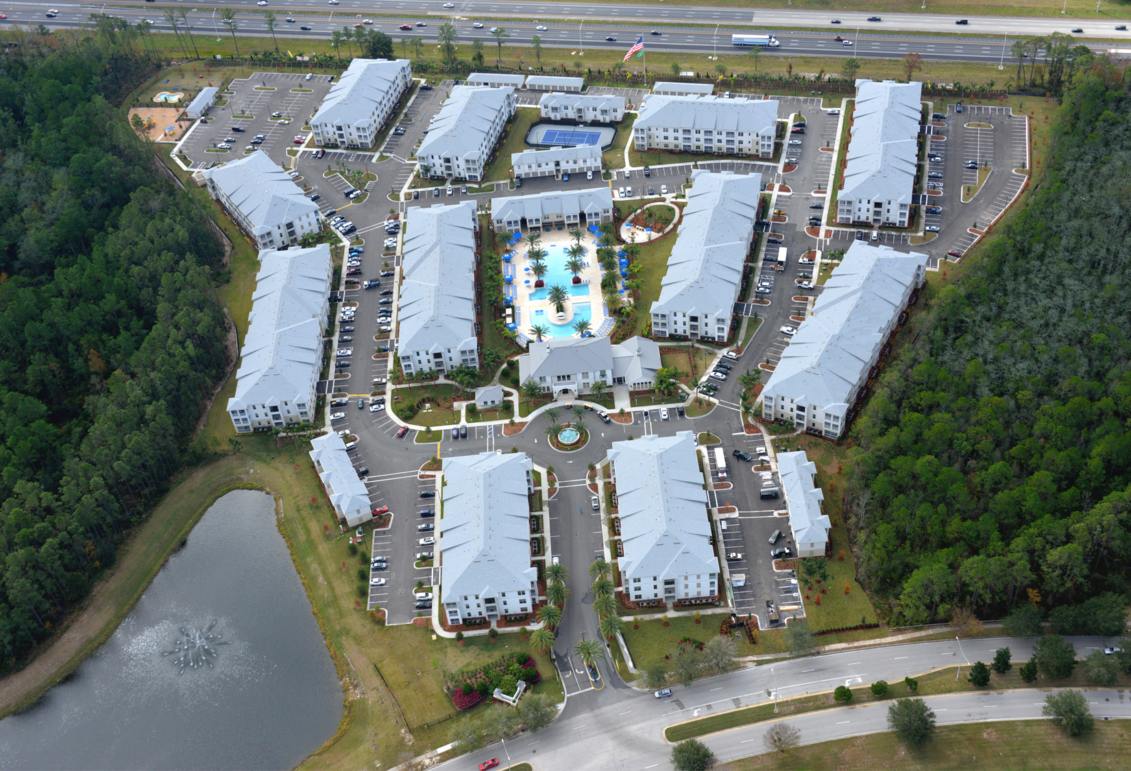 Aerial view of luxury apartment buildings