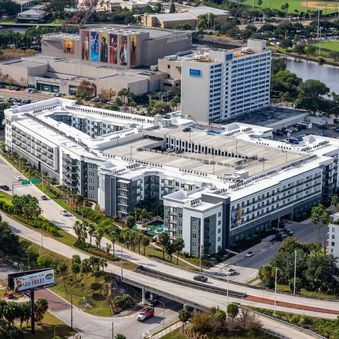 Luxury multi level apartment building aerial view