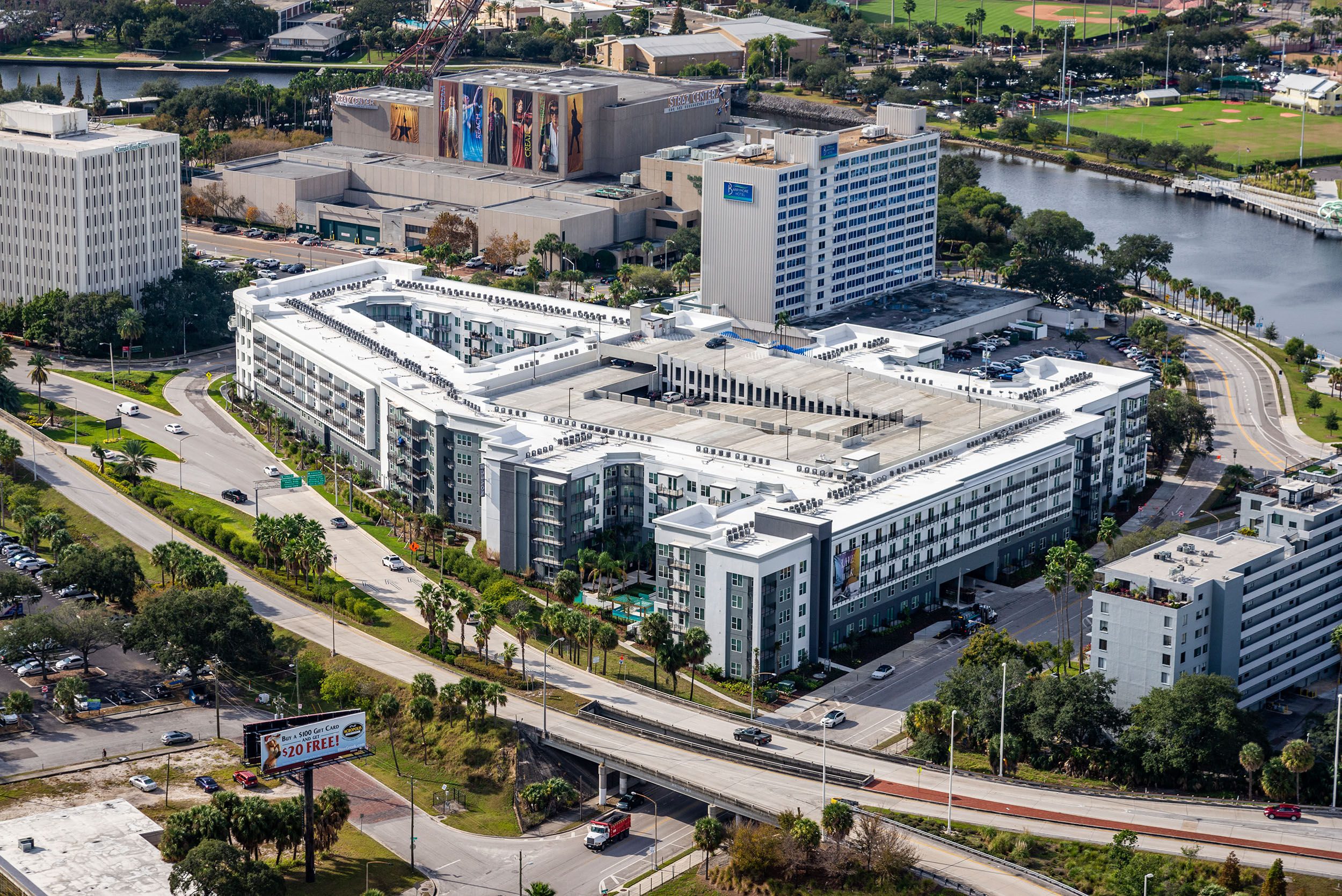 Luxury multi level apartment building aerial view