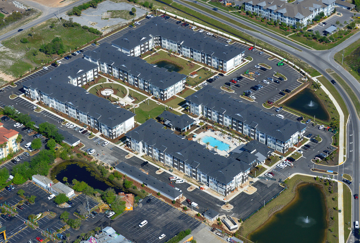 luxury multi level apartment complex aerial view