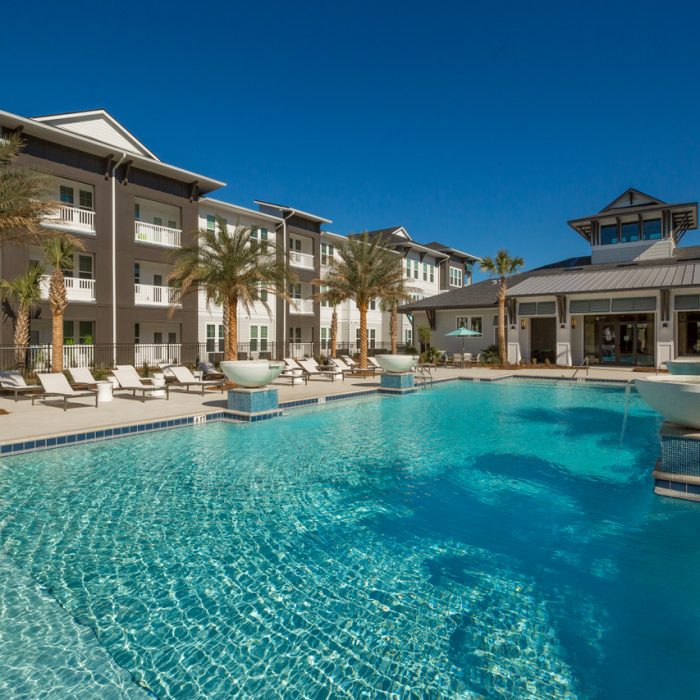 luxury multi level apartment complex pool area