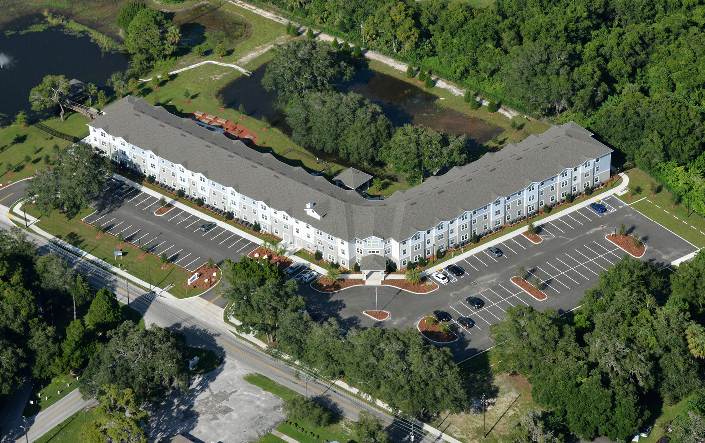 Multi story senior living facility aerial view