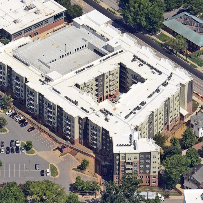 Luxury student housing apartments with inner courtyard angled aerial view