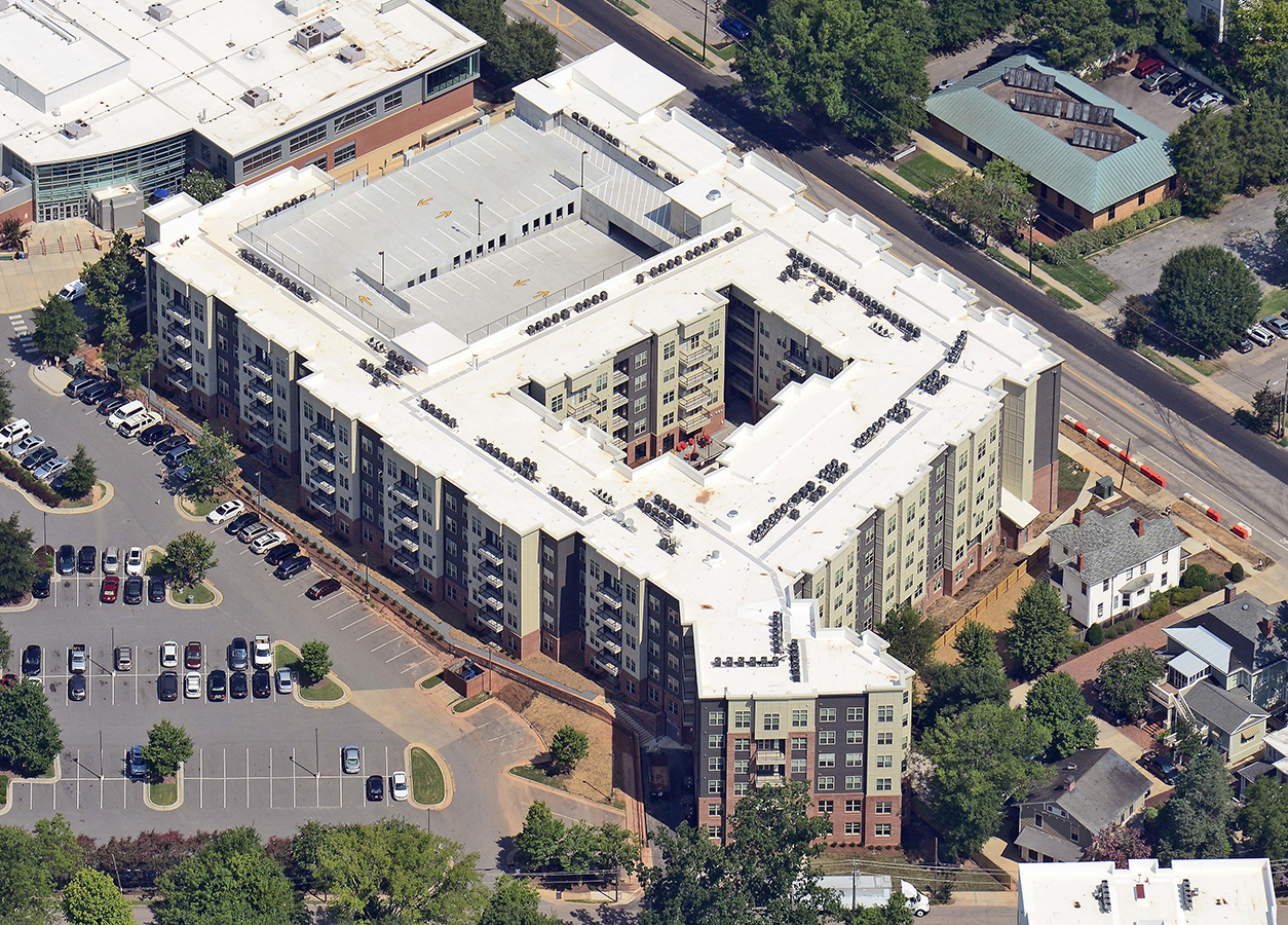 Luxury student housing apartments with inner courtyard angled aerial view