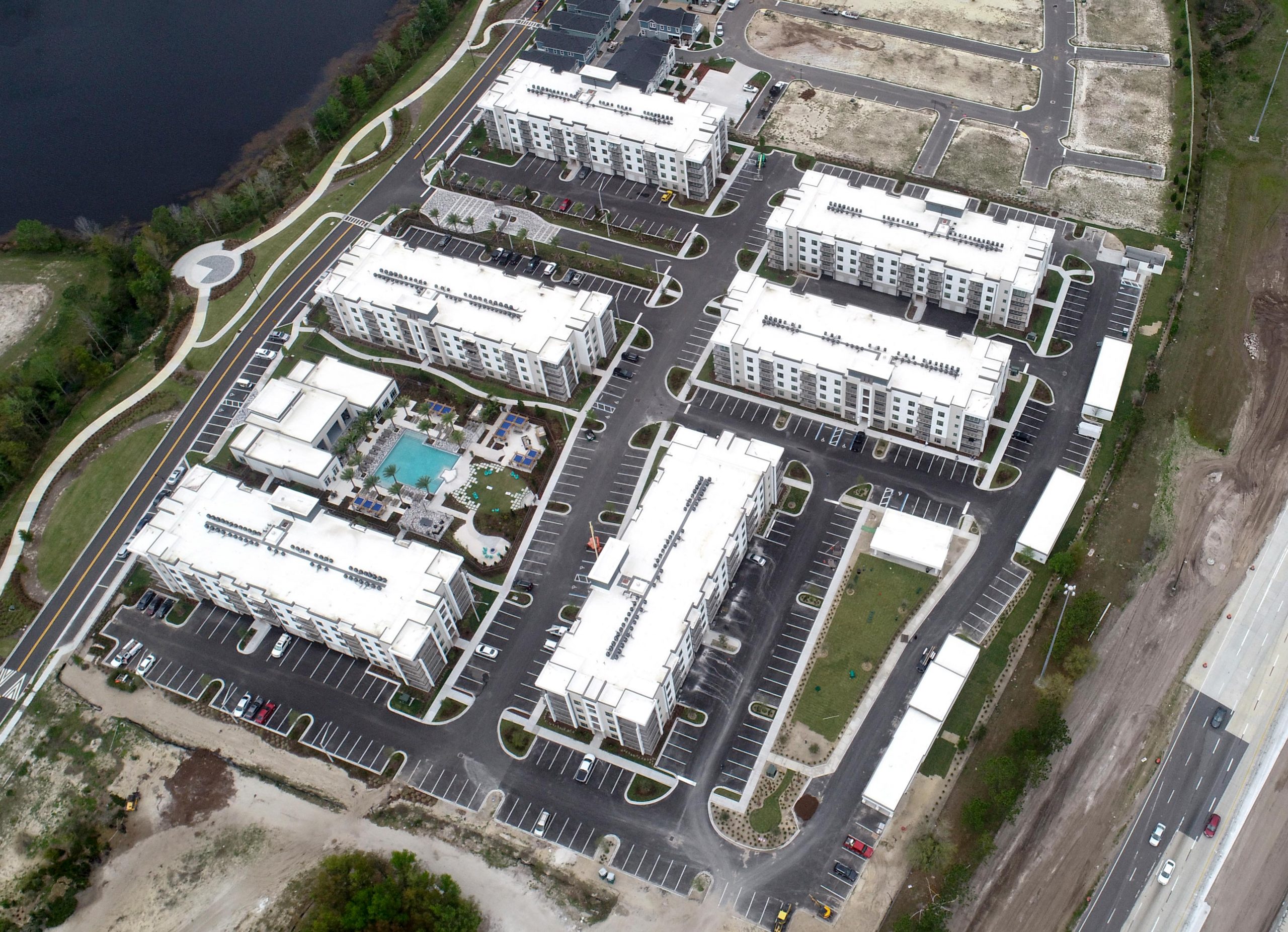 Multi level apartments aerial view