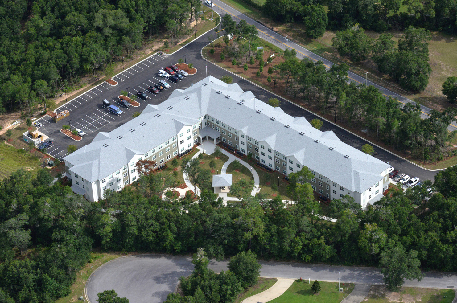Multi story apartment complex aerial view