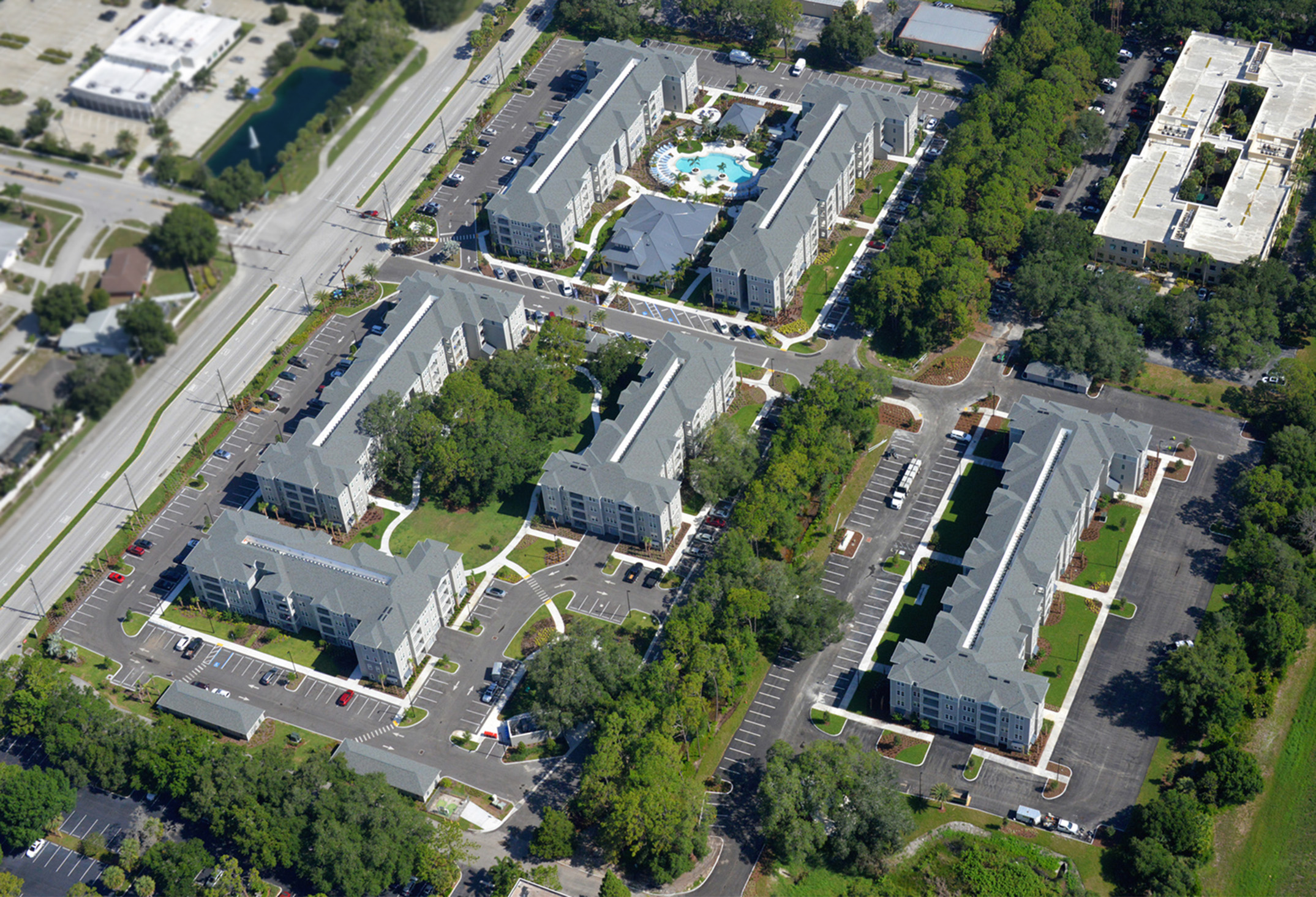 Multi story apartment building aerial view