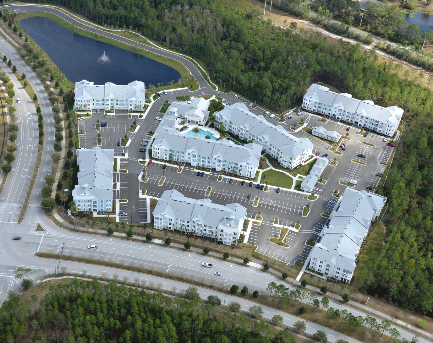 Luxury multi story apartment complex aerial view