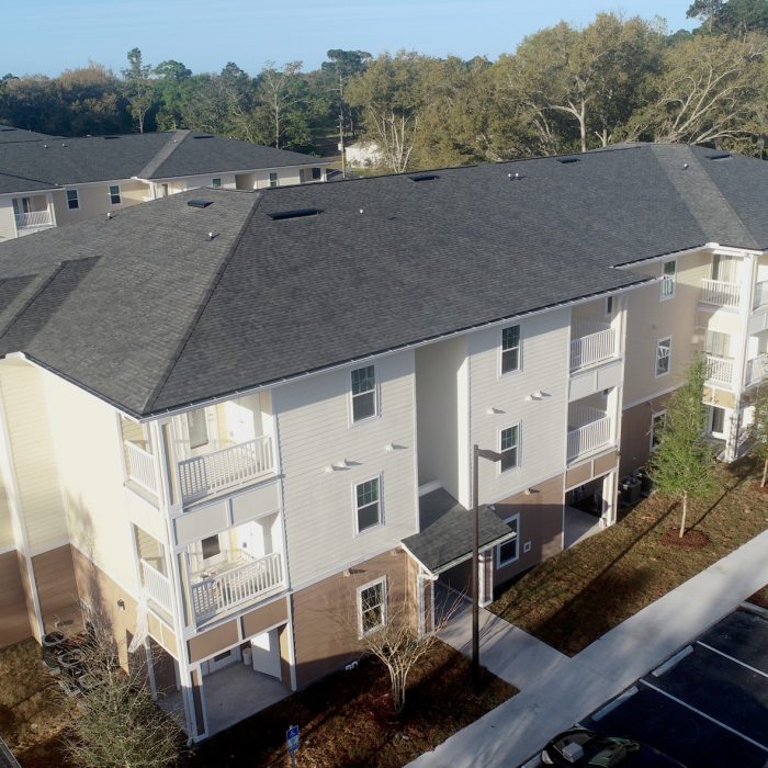 Multi story apartment building angled view