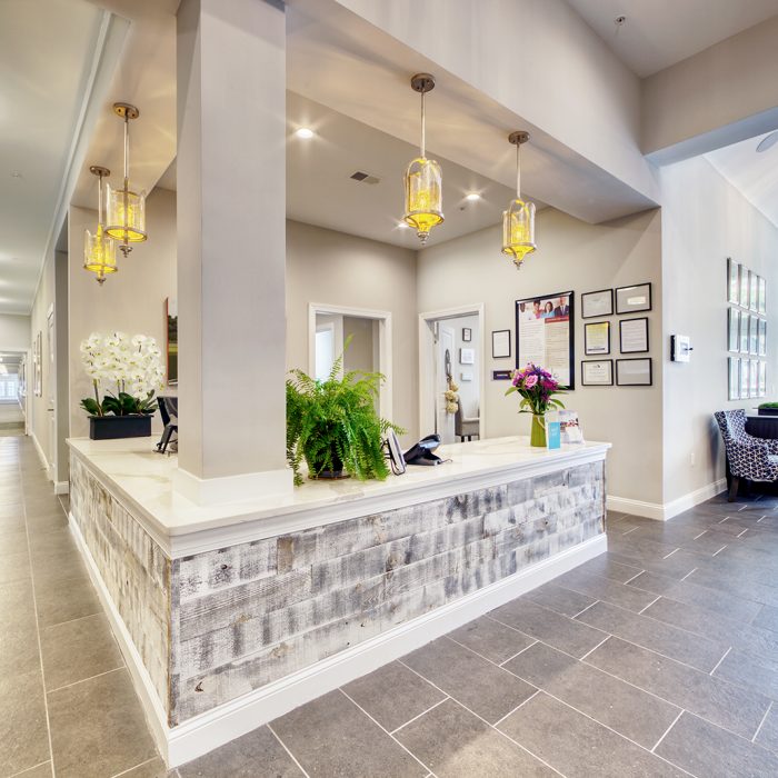 Senior living facility entrance and receptionist area