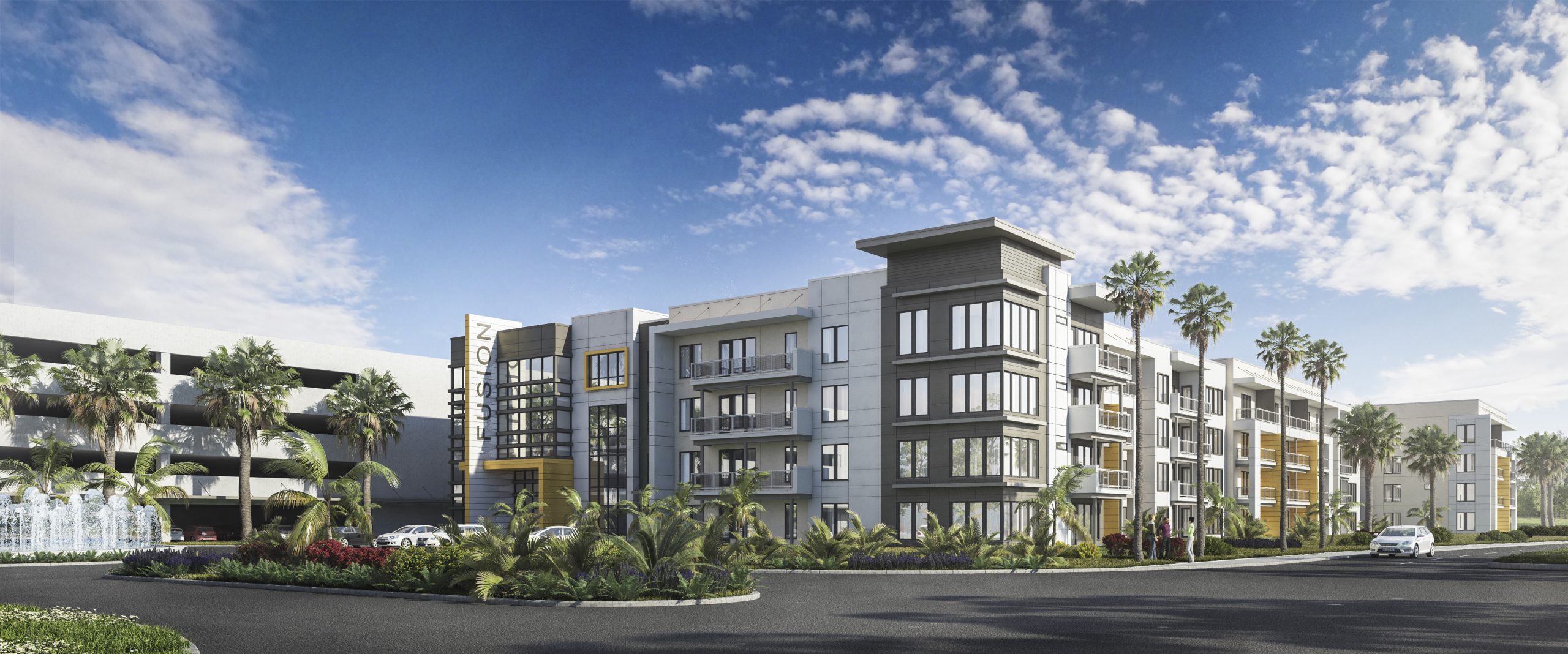 Luxury multi story apartment complex rendering