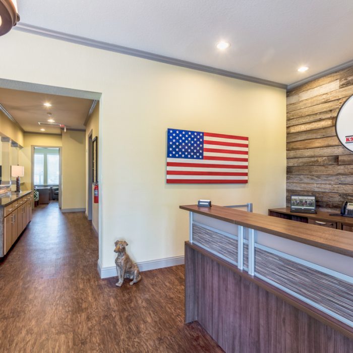 Front desk with American flag and logo plaque at K9s For Warriors Project by Summit Contracting Group