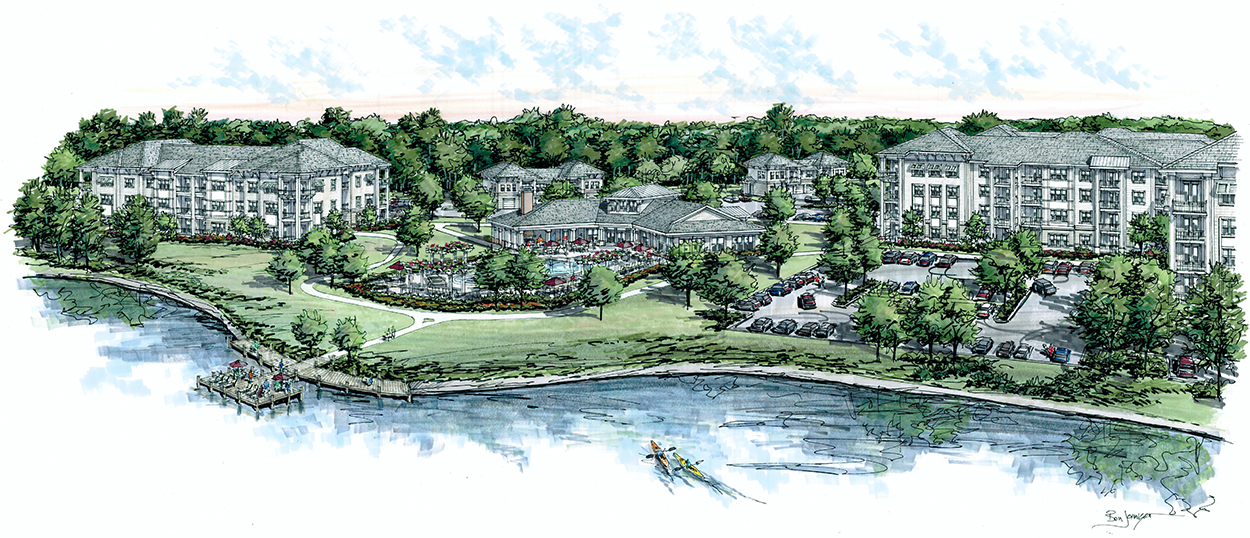 Lakeside apartment complex rendering with people in rowboat