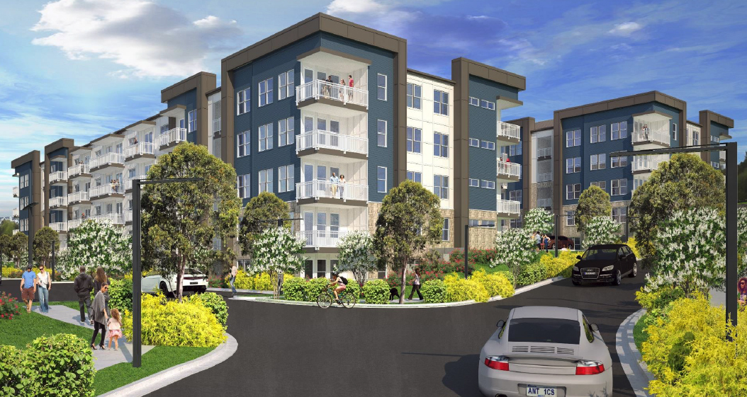 Multi story apartment complex rendering with car pulling up