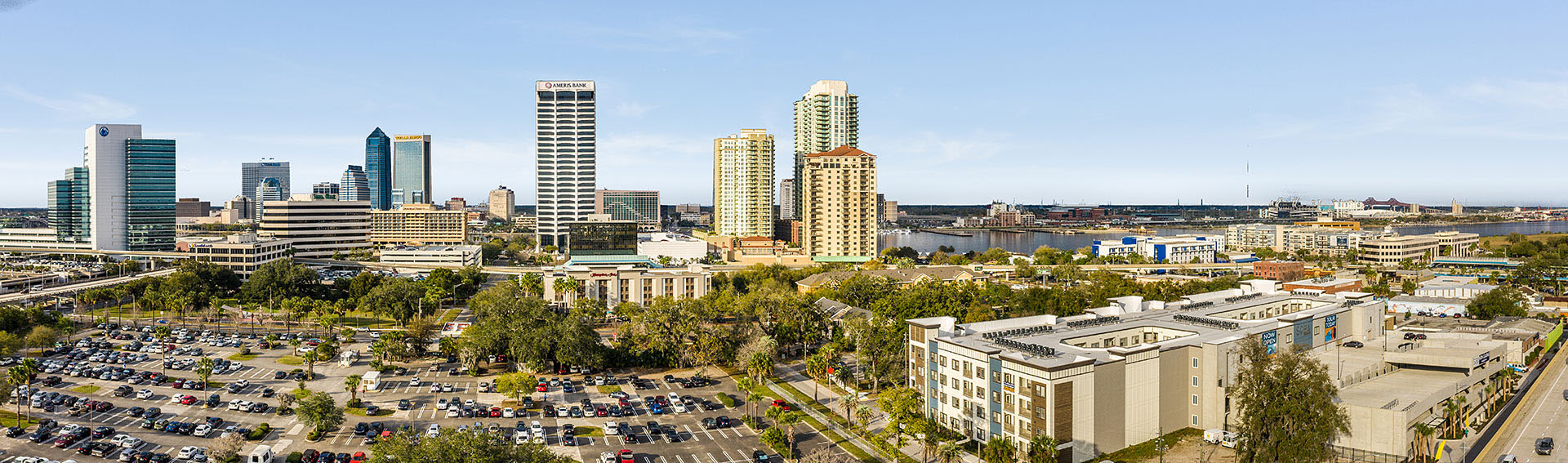 view of Southbank Downtown Jacksonville with SoBa Apartments in the foreground