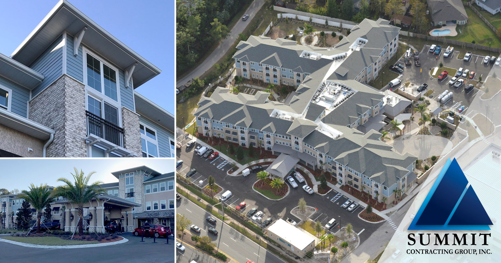 Collage of photos including an aerial view of HarborChase of Mandarin Market Rate Senior Living by Summit