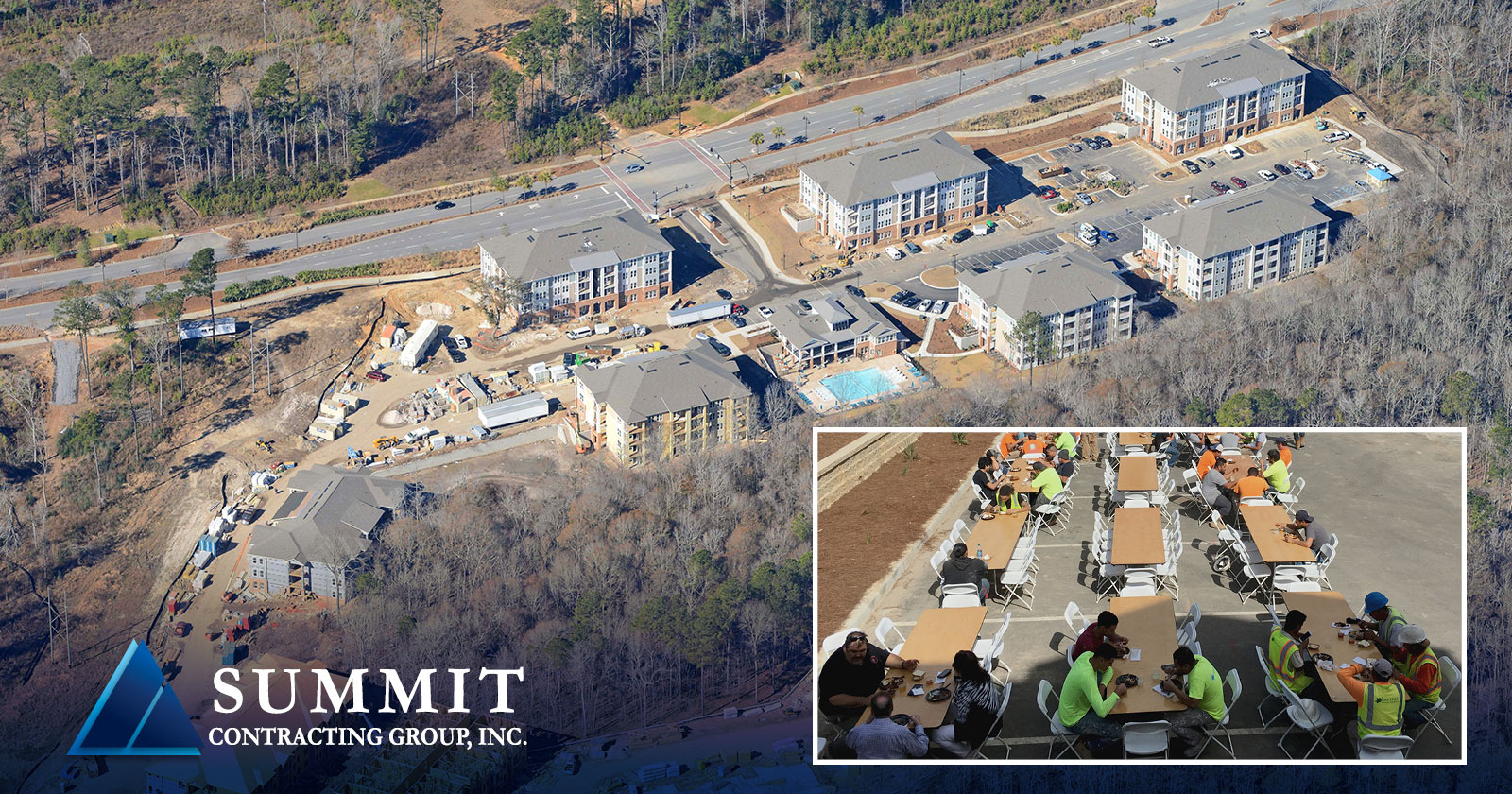 Aerial photo of Mosby Ingleside apartments and a photo of construction workers eating