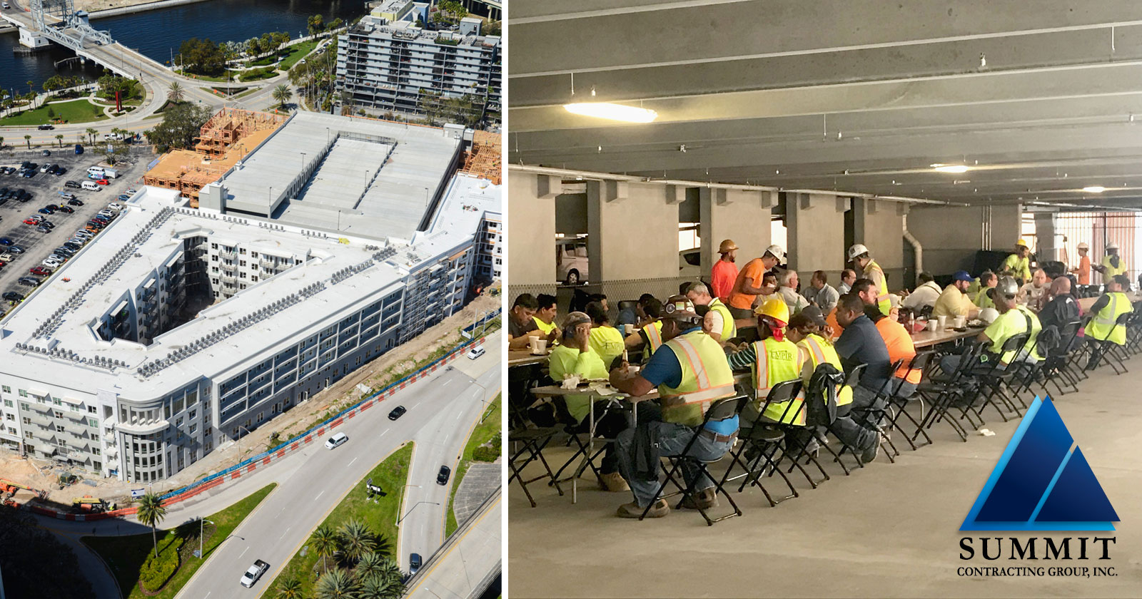 Aerial view of apartment building and a photo of construction workers at lunch