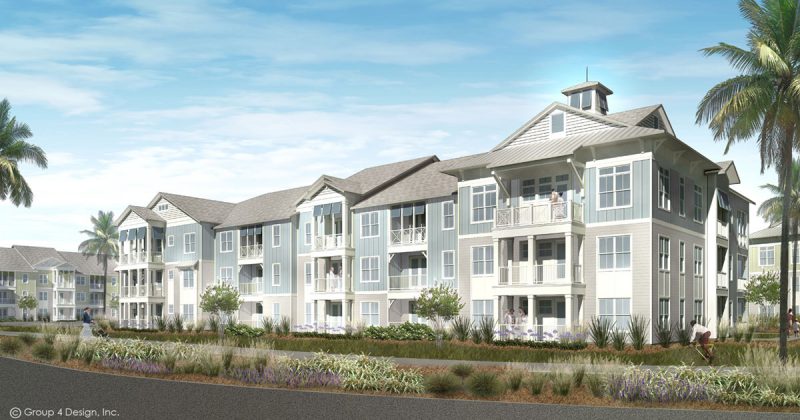 Rendering of a building with people on balcony for The Reserve at Nocatee Market Rate Mixed-Use Apartments