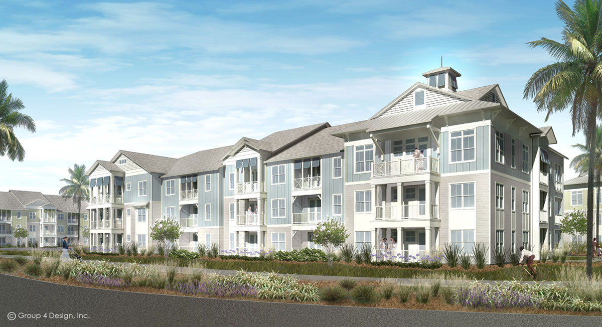 Rendering of a building with people on balcony for The Reserve at Nocatee Market Rate Mixed-Use Apartments