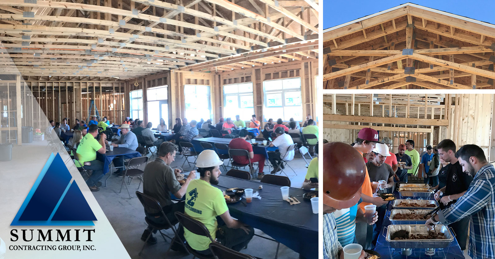 Photo collage of Summit construction workers at a barbecue luncheon on site