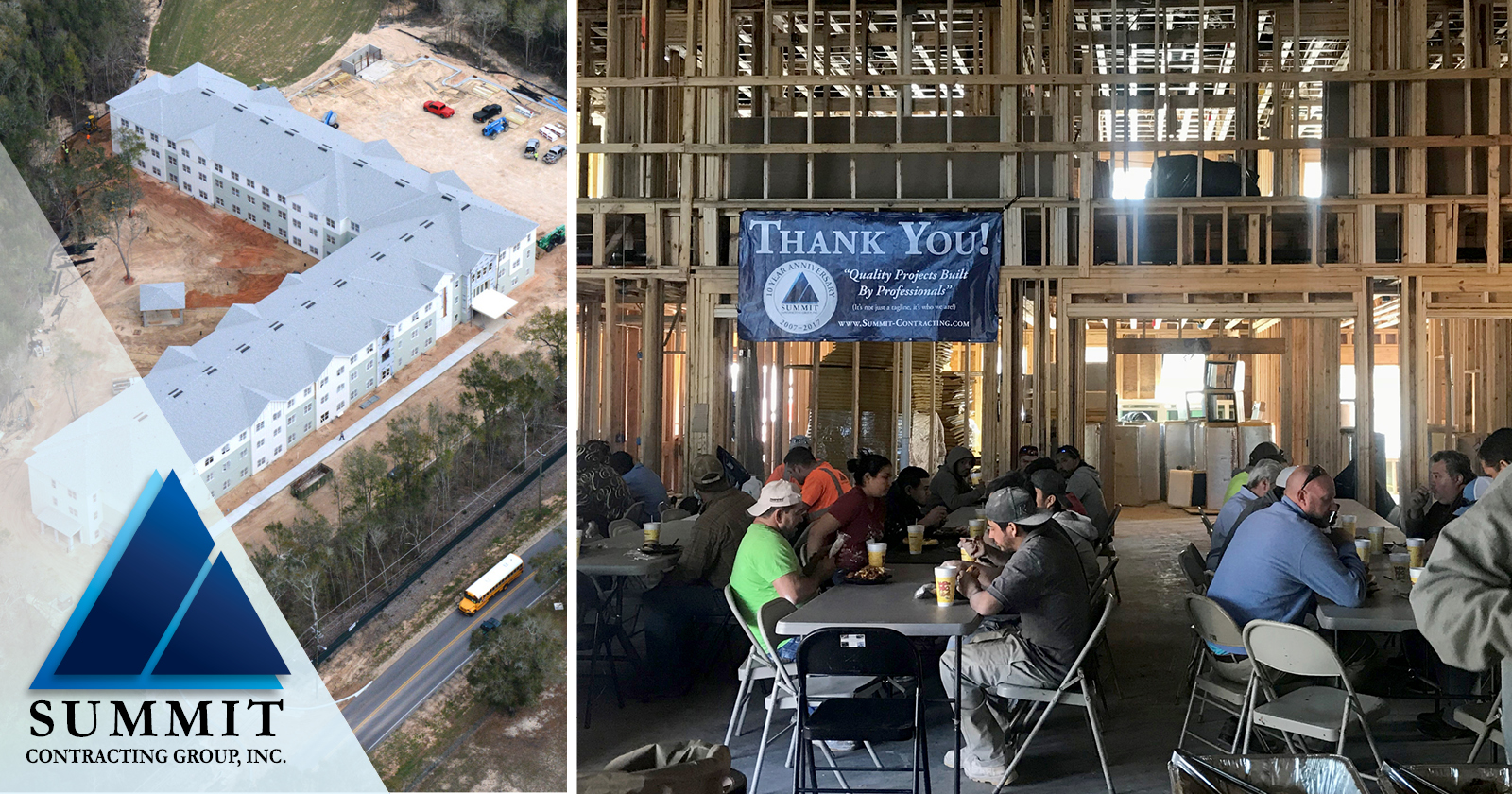 Aerial view of apartments with a photo of construction workers eating lunch