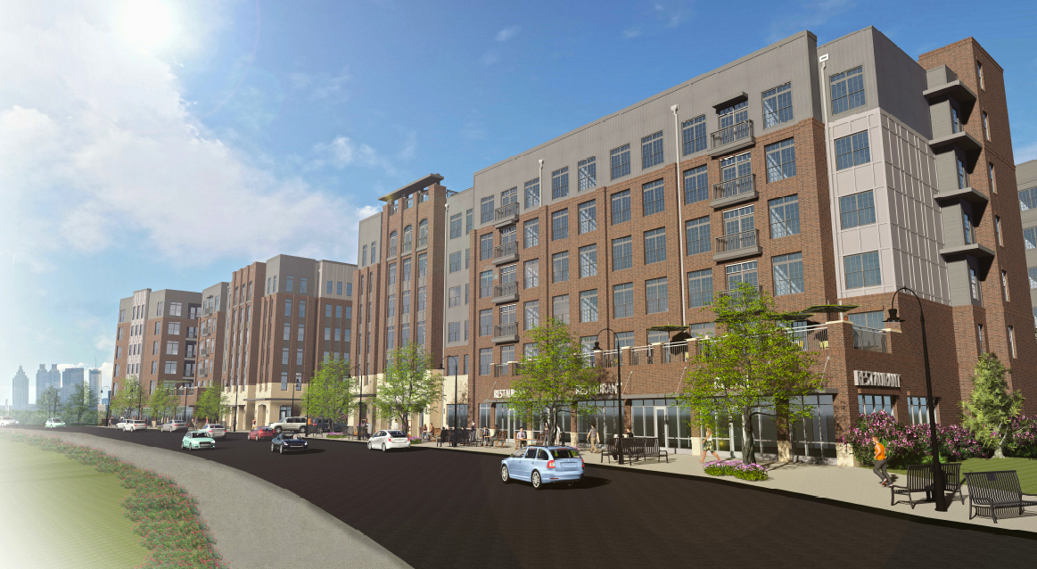 Rendering of brick student housing building for Theory West Midtown Market Rate Student Housing