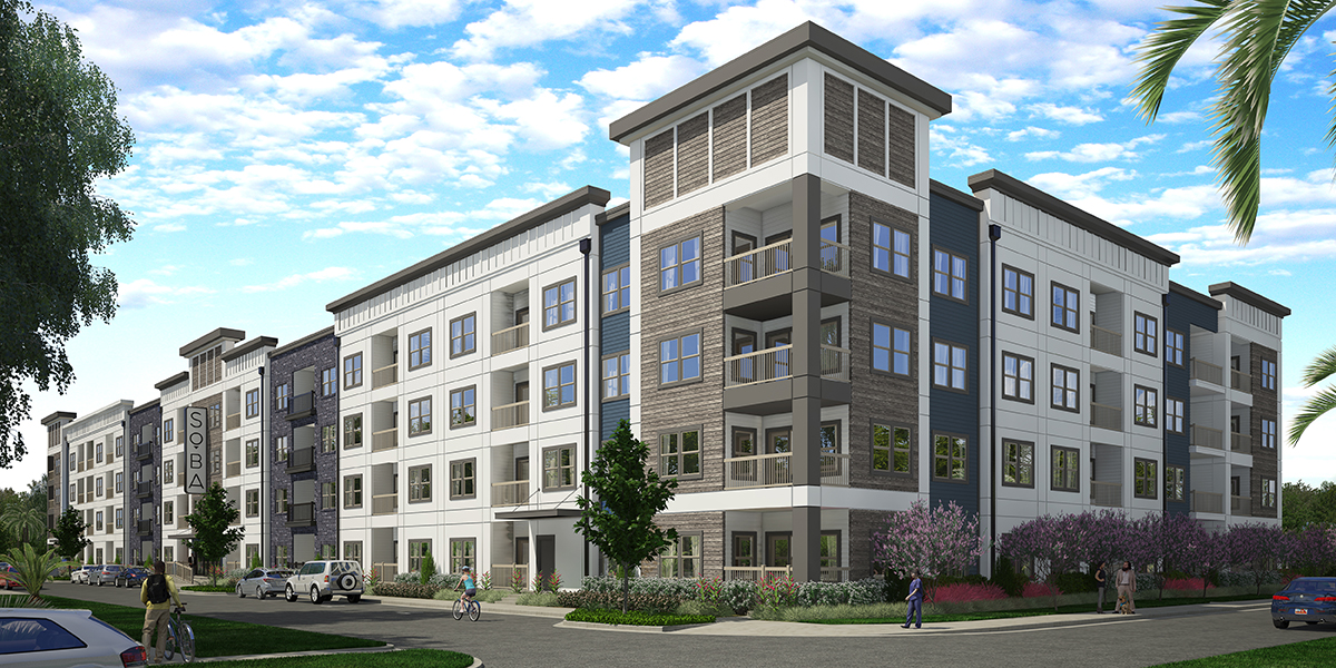 Corner view rendering of SoBa Market Rate Apartments
