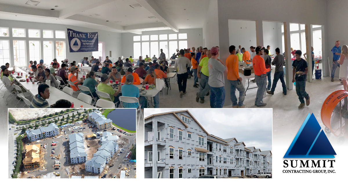 Collage of construction and workers eating lunch for The Reserve at Nocatee Market Rate Apartments