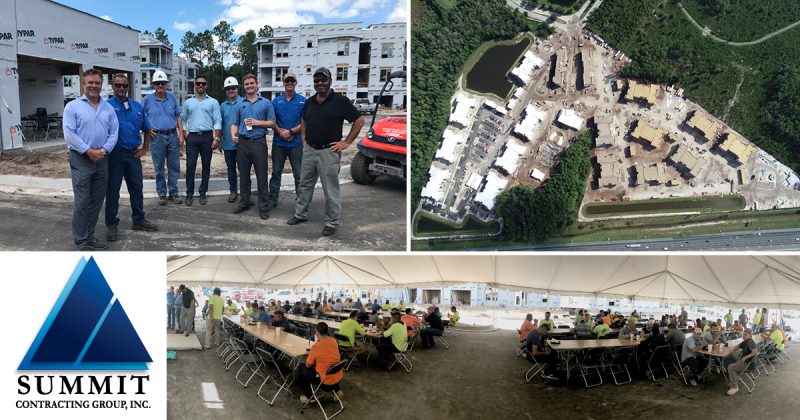 Collage of Summit employees and construction workers eating at Luxor Club Market Rate Apartments