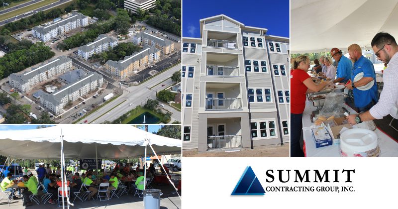 Aerial view and construction workers eating at Volaris Live Oak Market Rate Apartments in Sarastoa