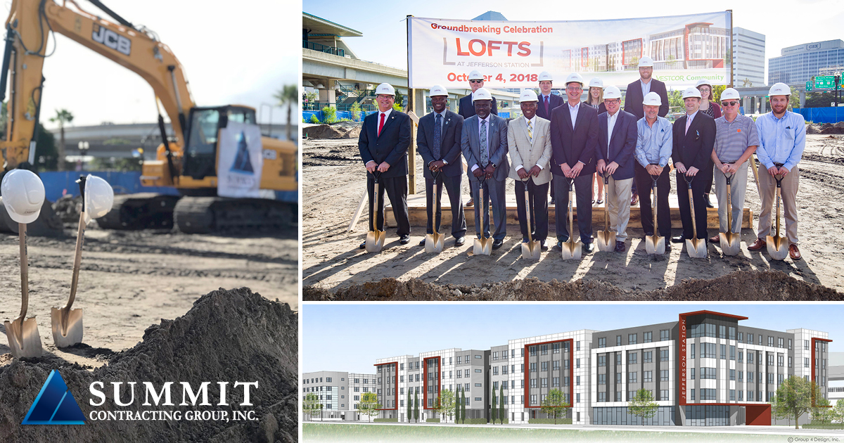 Photos of groundbreaking event, construction, and rendering of Lofts at Jefferson Affordable Housing