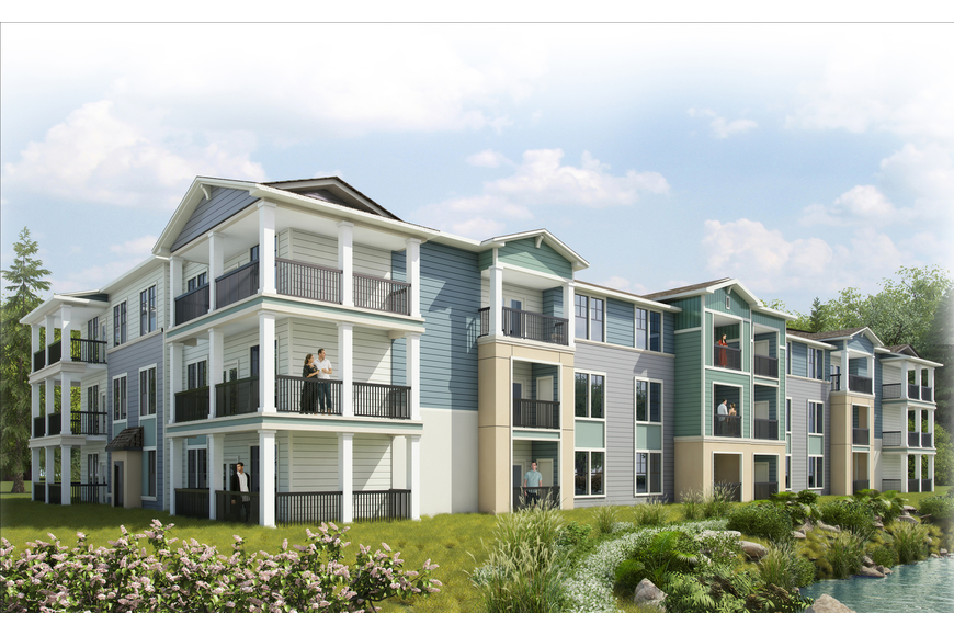 Rendering of Volaris West Kernan Market Rate Apartments with couple on balcony