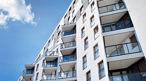 Upward view of apartment balconies