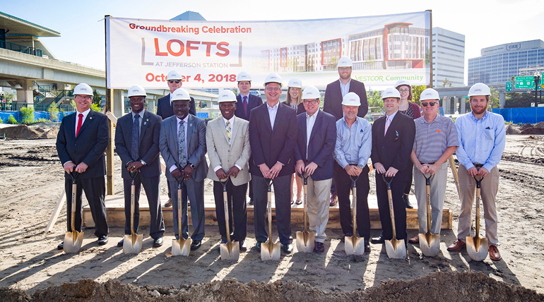 Group photo of Summit contractors with shovels at Lofts at Jefferson Affordable Housing Groundbreaking