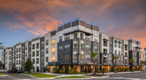 exterior view of The Menlo 4 Story Apartment Building