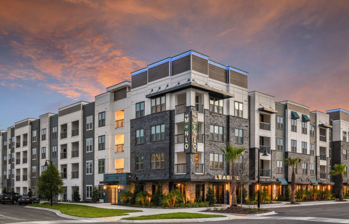exterior view of The Menlo 4 Story Apartment Building