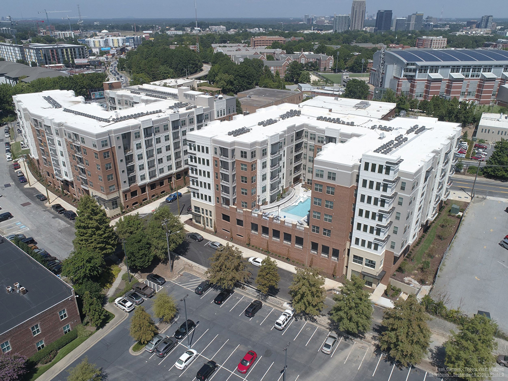 Aerial view of pool area of Theory West Midtown Multifamily Student Housing by Summit Contracting Group